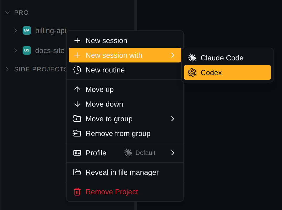 The billing-api project's right-click menu with New session with open, offering Claude Code and Codex, Codex highlighted