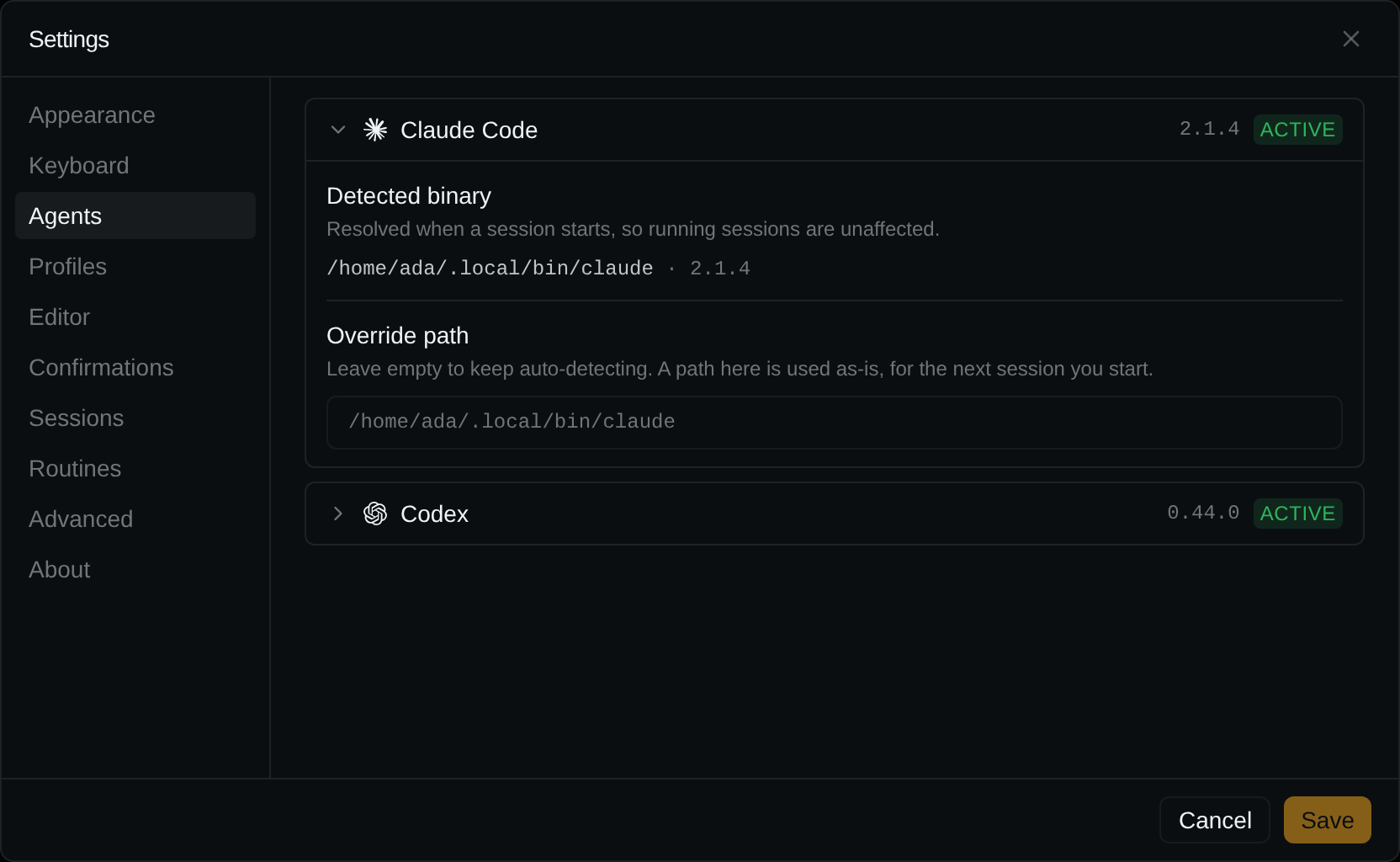 Settings → Agents with the Claude Code card open: its detected binary and the Override path field