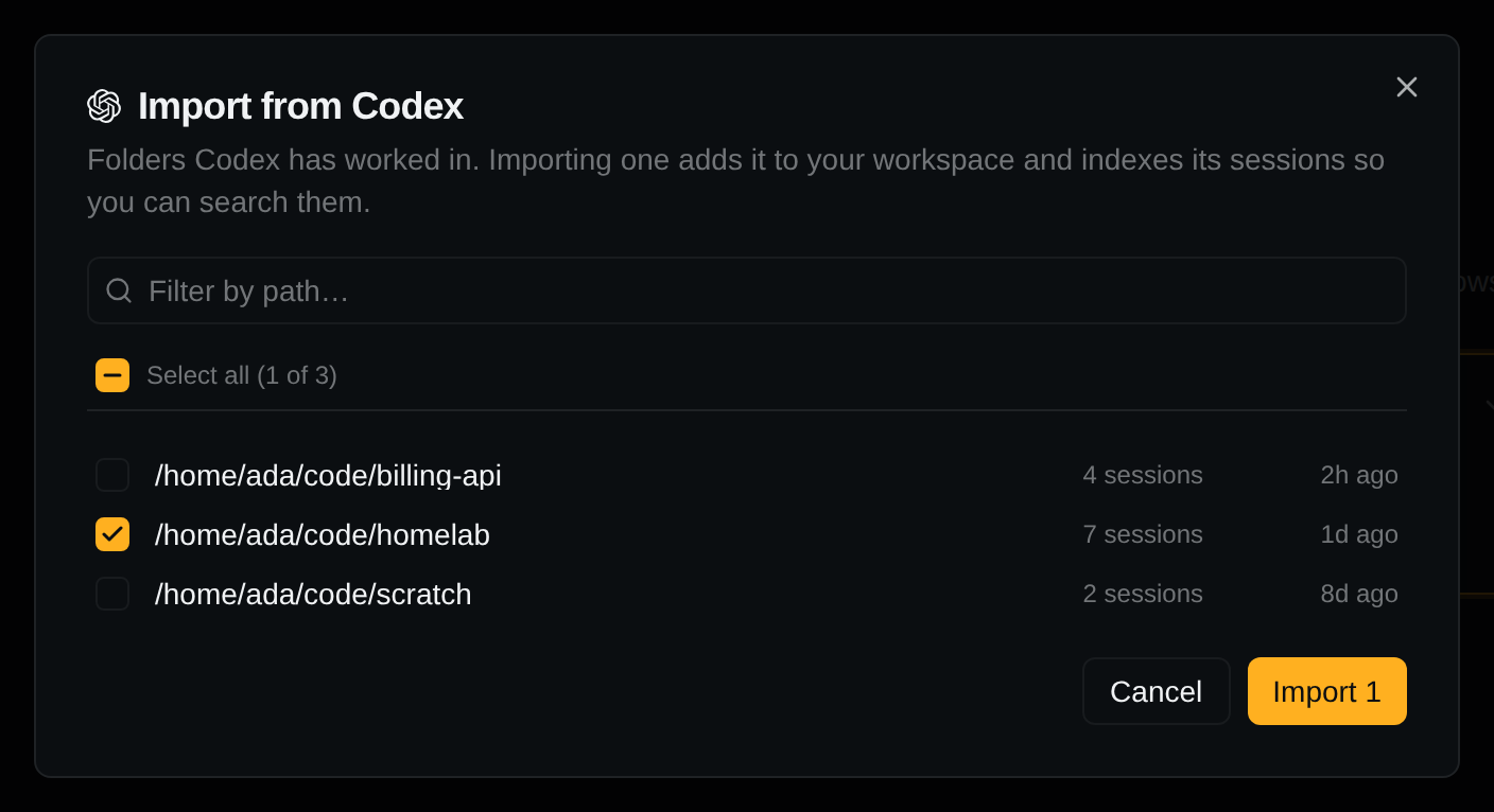 The Import from Codex dialog listing billing-api, homelab and scratch with their session counts; homelab is ticked and the button reads Import 1