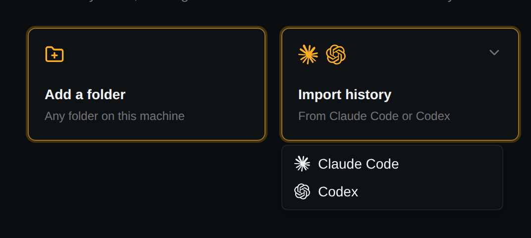 The Import history tile open, offering Claude Code and Codex, each with its mark