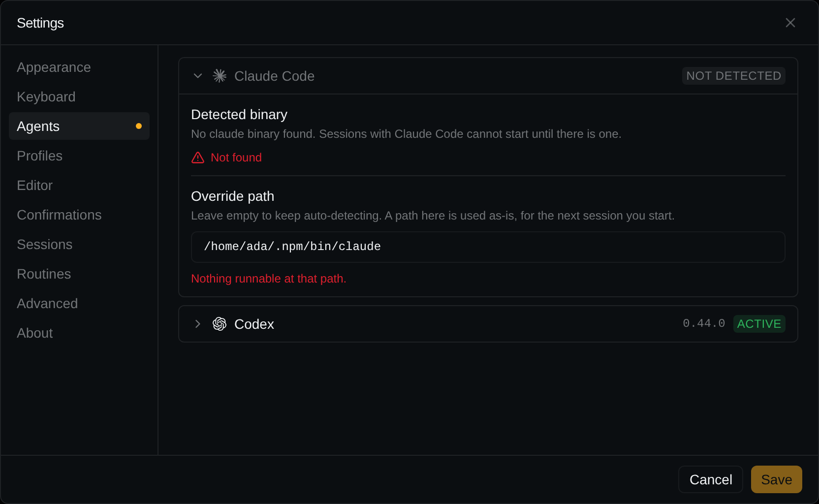 Settings → Agents with Claude Code NOT DETECTED: the card is open, Detected binary says Not found, and an Override path of /home/ada/.npm/bin/claude shows Nothing runnable at that path